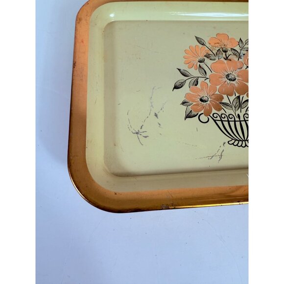 Rustic Metal Floral Serving Tray Gold Tone Flowers Trim Farmers Market VTG 50s - Picture 11 of 16